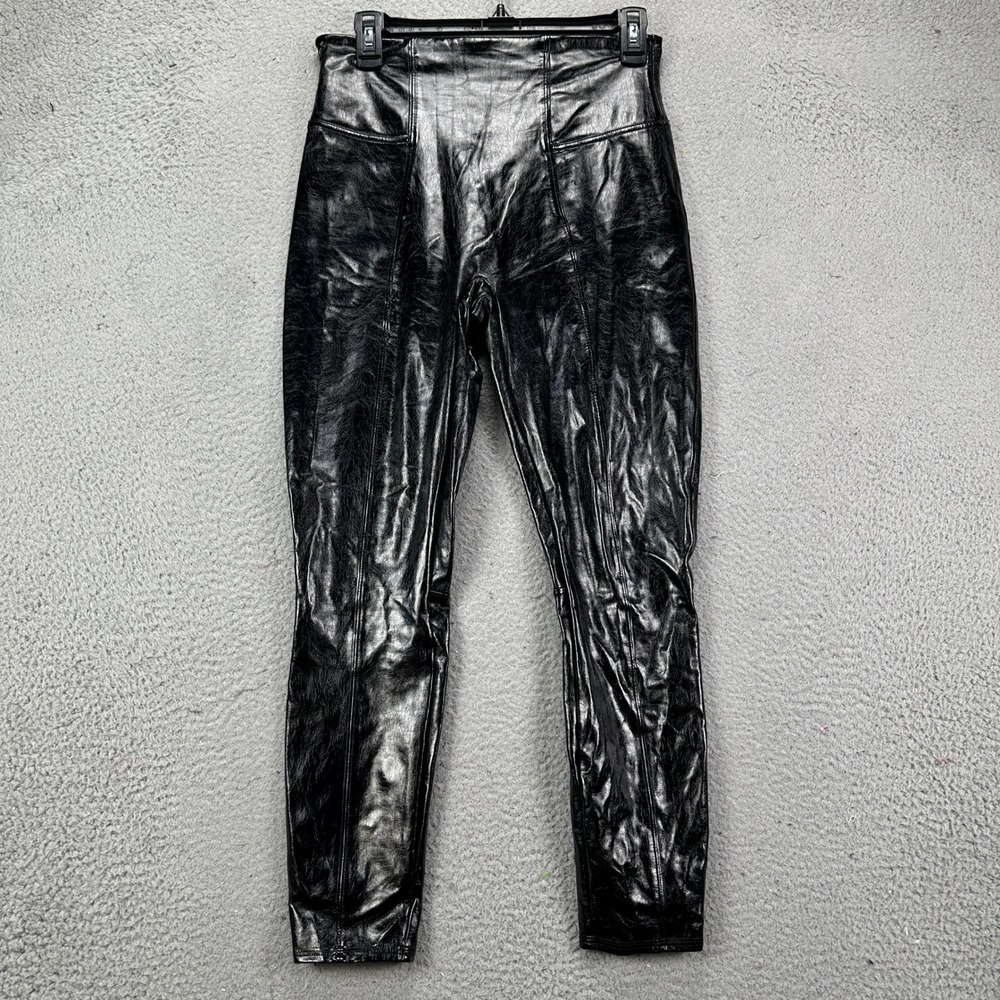 Spanx Faux Leather Pants Leggings Womens Medium Shiny Black Stretch High Waist